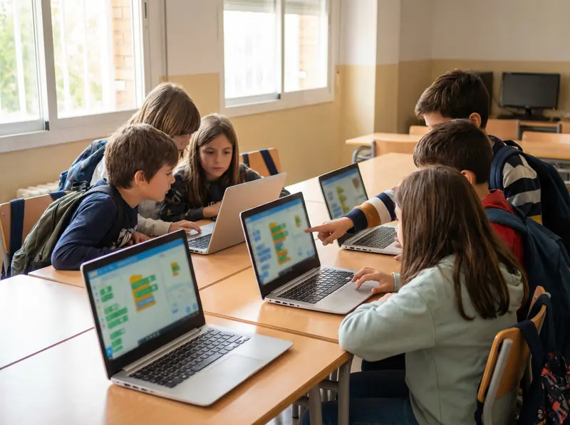 Grup d'alumnes treballant amb portàtils en una aula