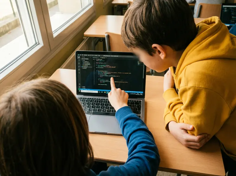 Dos alumnes revisant codi Python junts en un portàtil