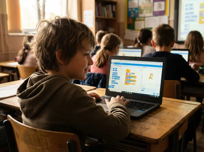 Alumne somrient mentre programa amb Scratch